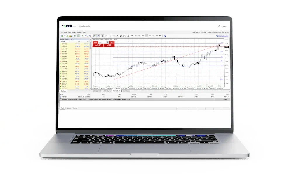 Screenshot of MetaTrader trading software showing positive performance on a laptop